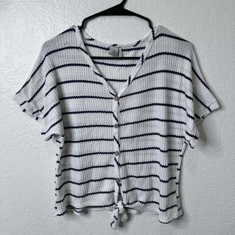Women's Waffle Knit Short Sleeve V-Neck Button-Front Tie-Waist - XS - Picture 1 of 3
